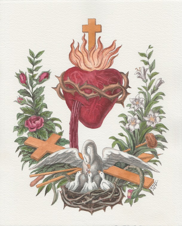 Sacred Heart (vintage watercolor) Greeting Cards